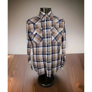 Vintage Levis Big E Western Pearl Snap Shirt Mens L Brown Plaid Long Sleeve
